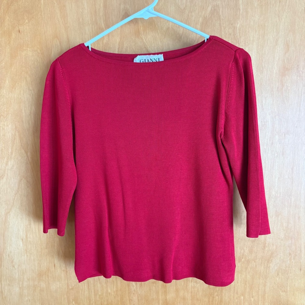 Gianni Silk Knit Top‎ Red 3/4 Sleeve Boat Neck Classic Timeless Pullover